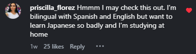 Instagram comment expressing interest in trying a language learning app with 25 likes