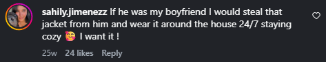 Instagram comment expressing strong desire for the jacket Ethan featured